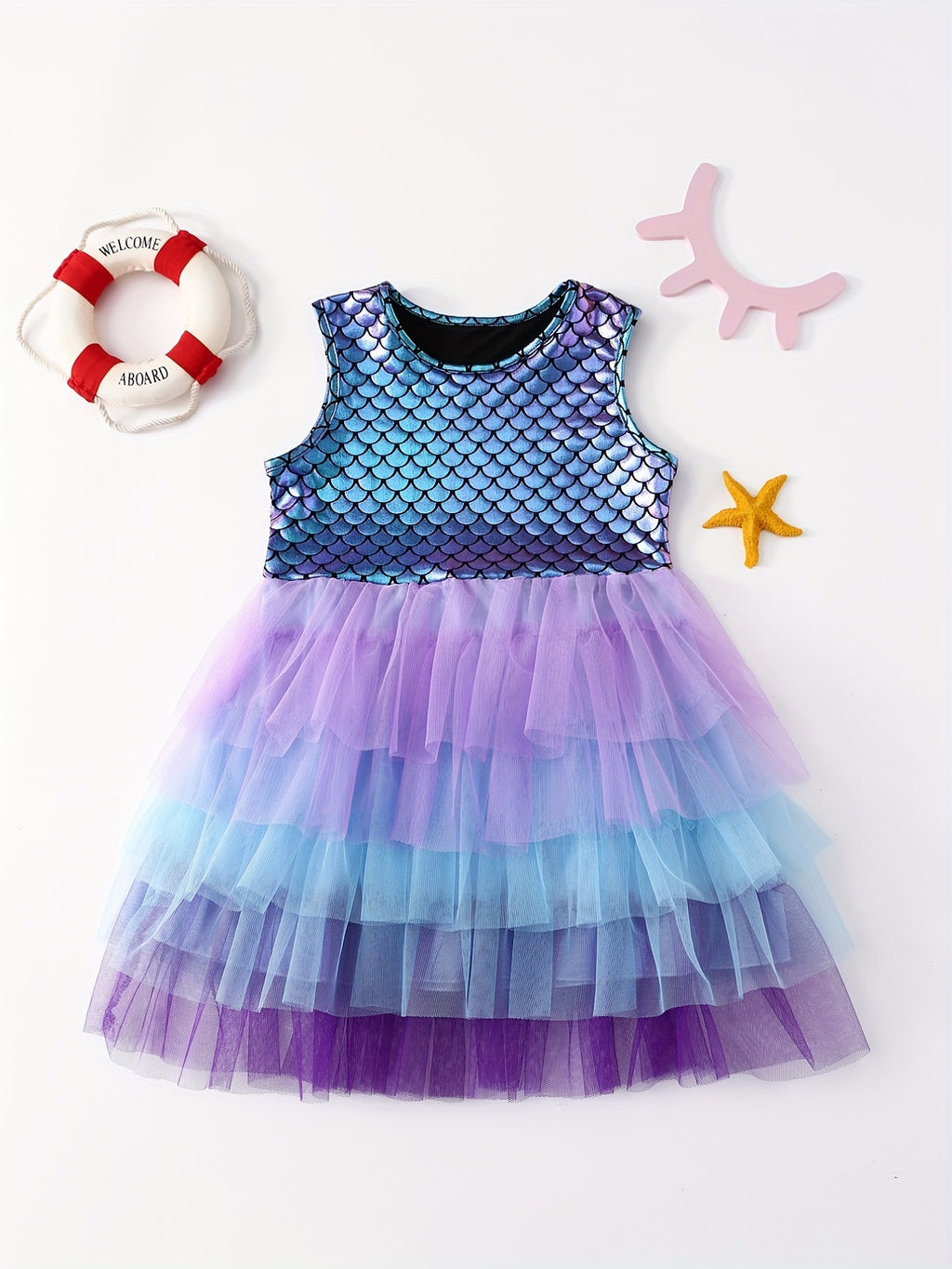 Mermaid Gradient Dress Girls' Casual Summer Short Sleeve Party Puff Skirt Versatile Dress
