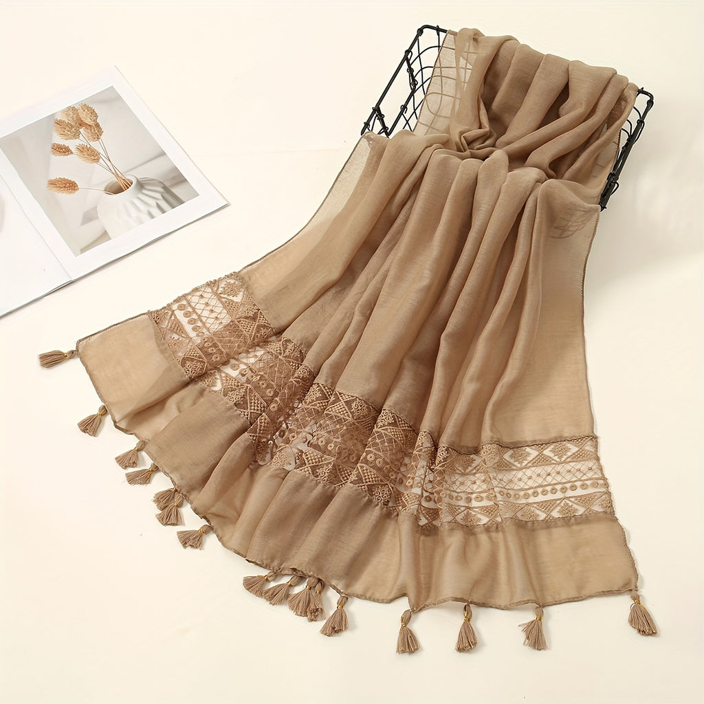 [Elegant Scarf] Elegant Embroidery Hollow Lace Tassel Scarf | Fashion Casual Cold Weather Scarves Wraps For Women for eid