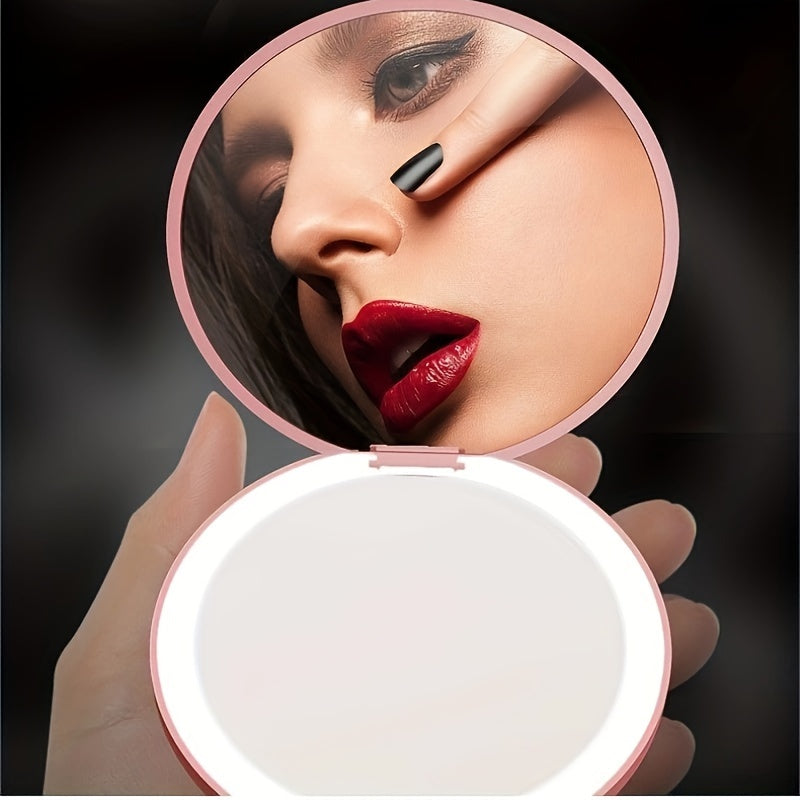 1pc Compact Round Foldable LED Vanity Mirror - Travel Portable Lighted Makeup Mirror for Purse Handbag - 2x Magnification, Double-sided, Handheld, Mini Touch-up Mirror with Light for Travel Essentials