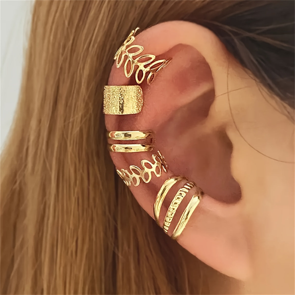 5pcs/set Trendy Elegant Design Ear Cuff Set Classic Elegant Style Women's Ear Bone Clip Set No Piercing Clip On Earrings Leaf Shaped Circle Stacked Shaped
