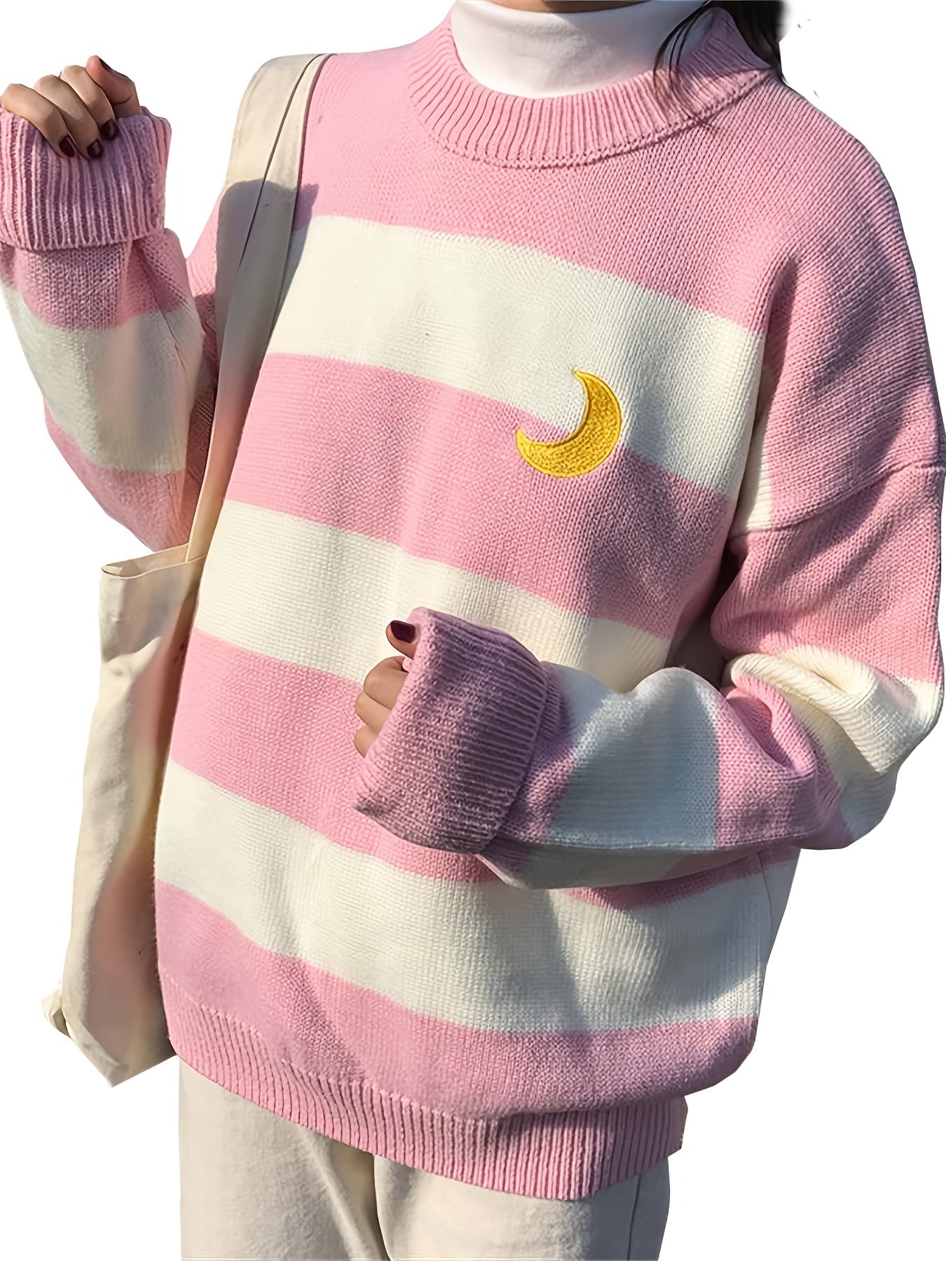 Kawaii Round Neck Striped Pullover Sweater, Casual Every Day Top For Winter & Fall, Women's Clothing