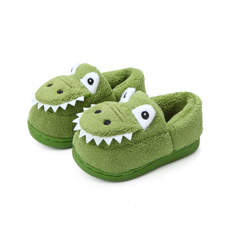 Boys' Dinosaur Slippers with Plush TPR Sole & Alligator/Crocodile Teeth - Warm Winter Indoor/Outdoor, Green & White Low-Top Easy Slip-On for, Cute Dino Footwear for Bedtime & Play