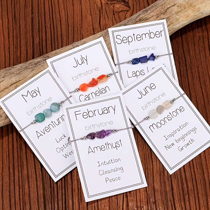 12 Months Birthstone Braided Hand Rope With Blessing Card For Women Gift