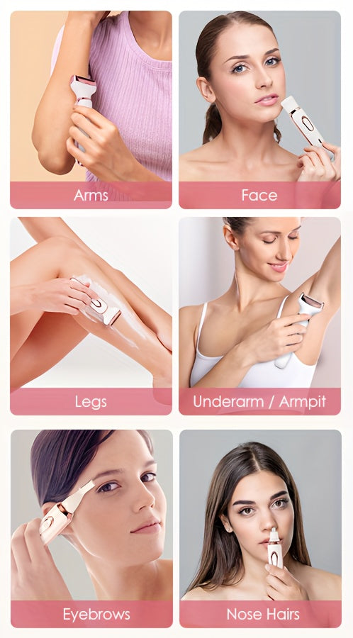 [Mother's Day Gift] 4-in-1 Rechargeable Electric Razor for Women Face, Nose, Legs, Underarm, Bikini Trimmer, Women's Electric Shaver Painless Grooming Kit - Portable USB Charging