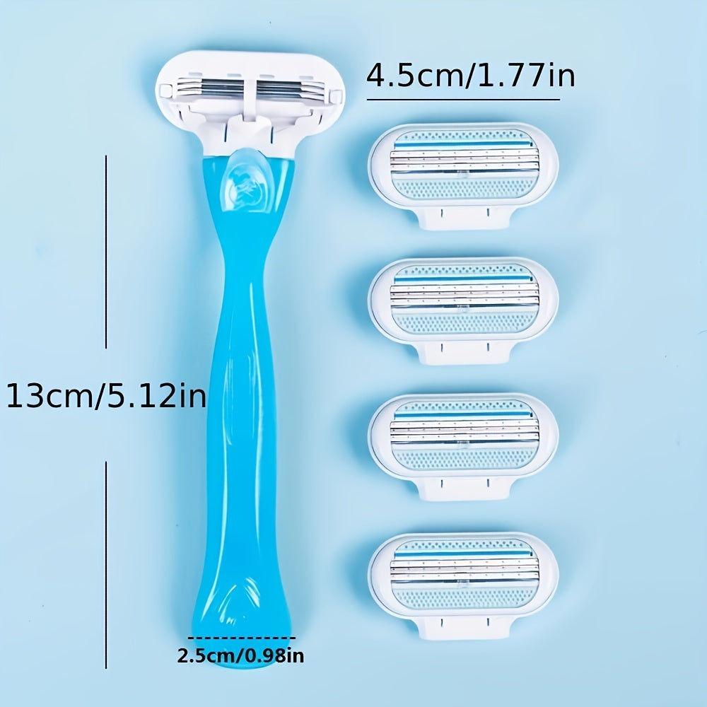 [1 Handle + 8 Blades Razor Kit] [Hypoallergenic Safety] Ladies' Classic Manual Hair Removal Razor Kit - Hypoallergenic, Reusable with 1 Blue Handle + 8 White Blades, 3-Layer Stainless Steel for Smooth, Normal Skin, Hair Remov