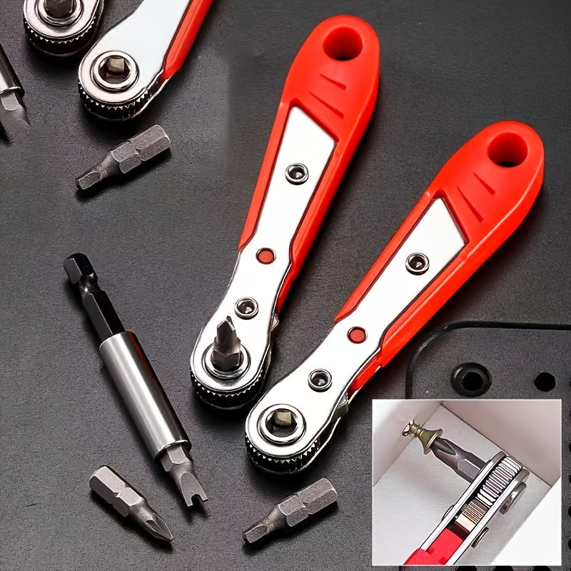 1pc Red Steel Multi-Function Screwdriver with Ratchet, Elbow Wrench, Right Angle Bender, Cross Head Set - Narrow Space Compatible, Manual Uncharged Tool, No Battery Required