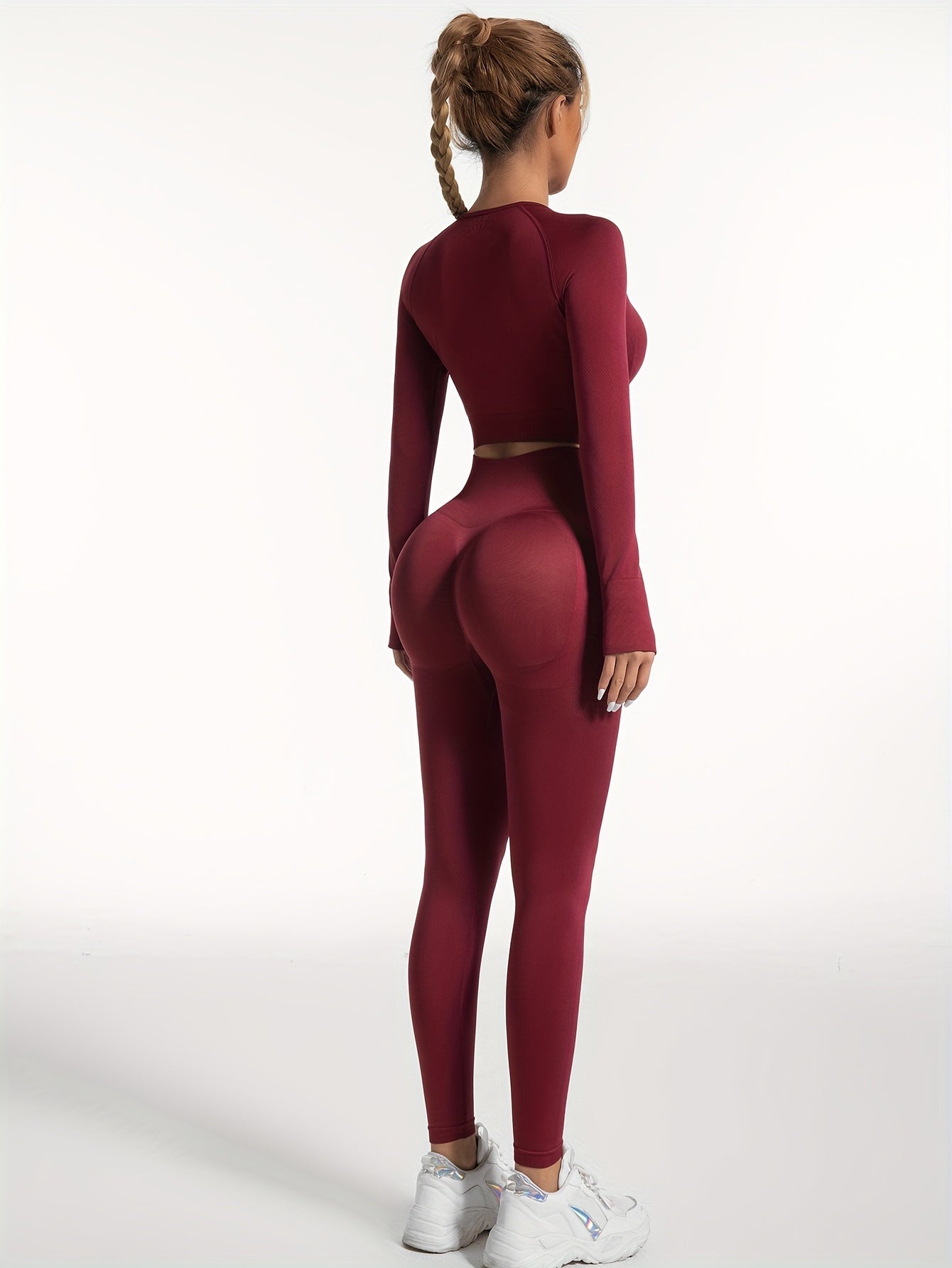 Women's Yoga Sports Suits, Seamless Stretchy Fitness Suits, Long Sleeve Thumb Hole Cropped Top & Slimming Leggings, Women's Activewear