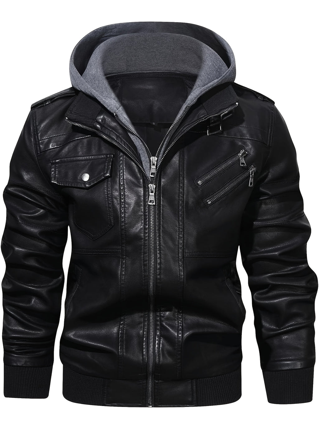 Men's PU Leather Hooded Pockets Zipper Long Sleeves Jackets