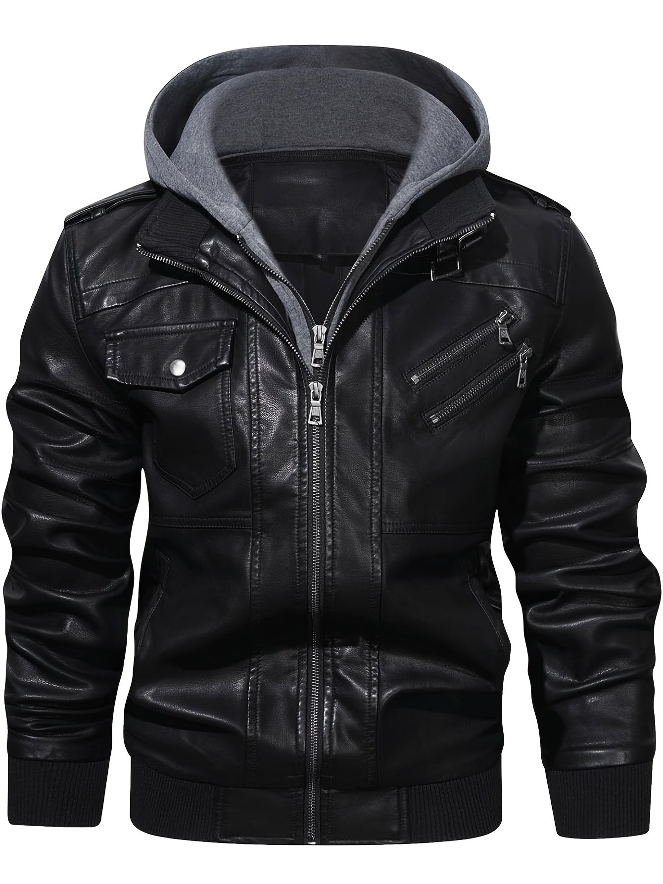 Men's PU Leather Hooded Pockets Zipper Long Sleeves Jackets