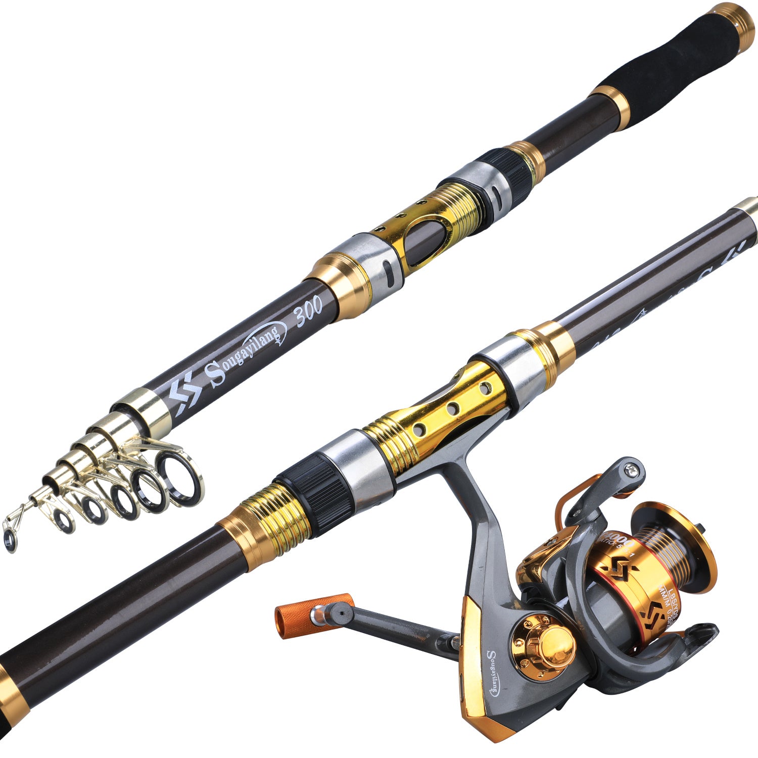 [Quality Construction] Sougayilang Ultralight Carbon Fiber Spinning Fishing Rod - Portable, Medium Action, 204.83-299.92cm Extendable Length, Black & Golden with Comfort Grip Handle - Ideal for All Anglers