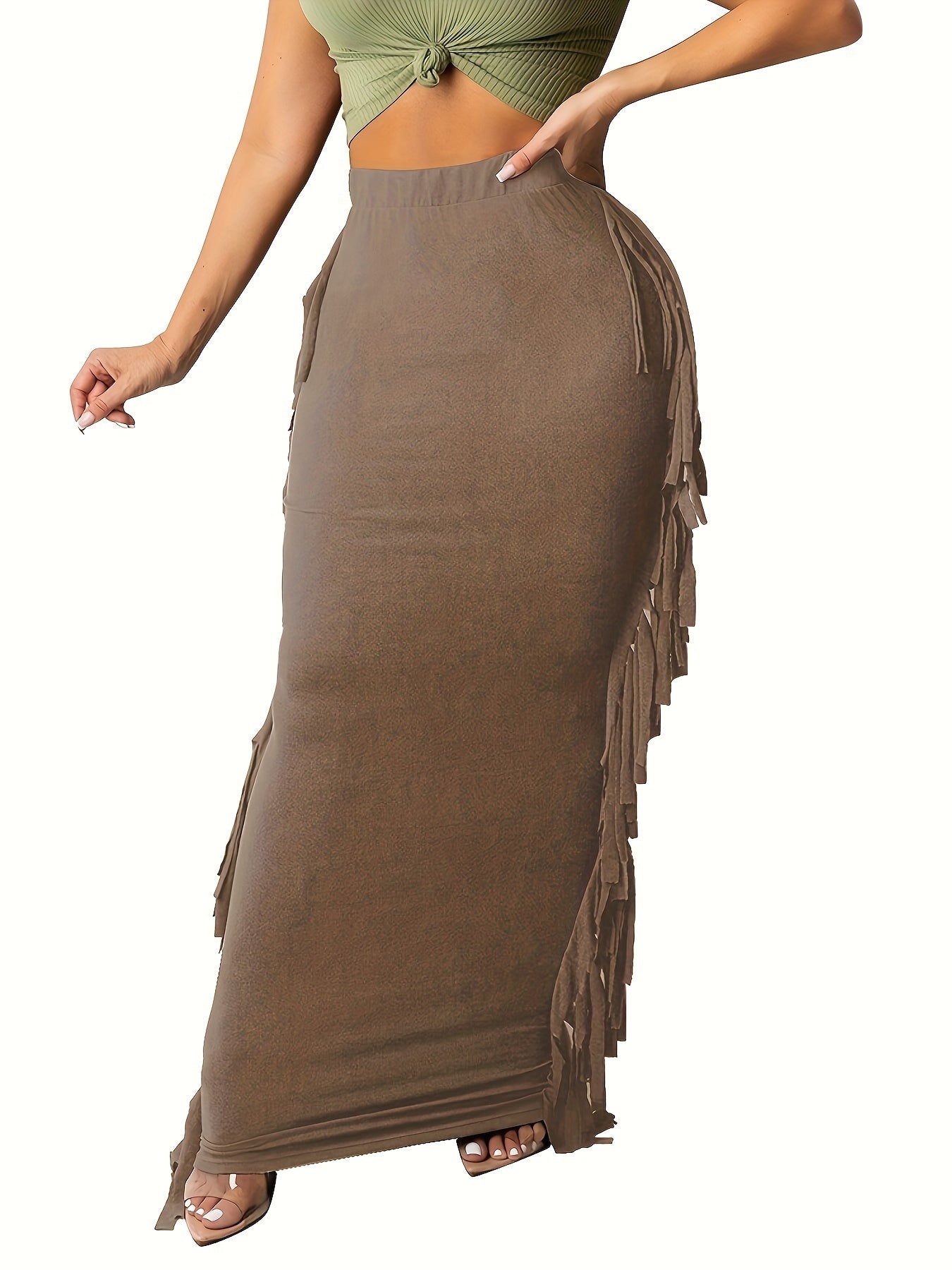 Black Elastic Waist Sides Tassel Maxi Skirt