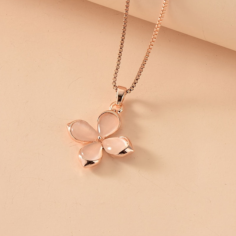 Delicate Pink Four Leaf Clover Opal Pendant Necklace & Earrings Jewelry Set Lucky Accessories Gift For Birthday Party St. Patrick's Day Holiday Ornament