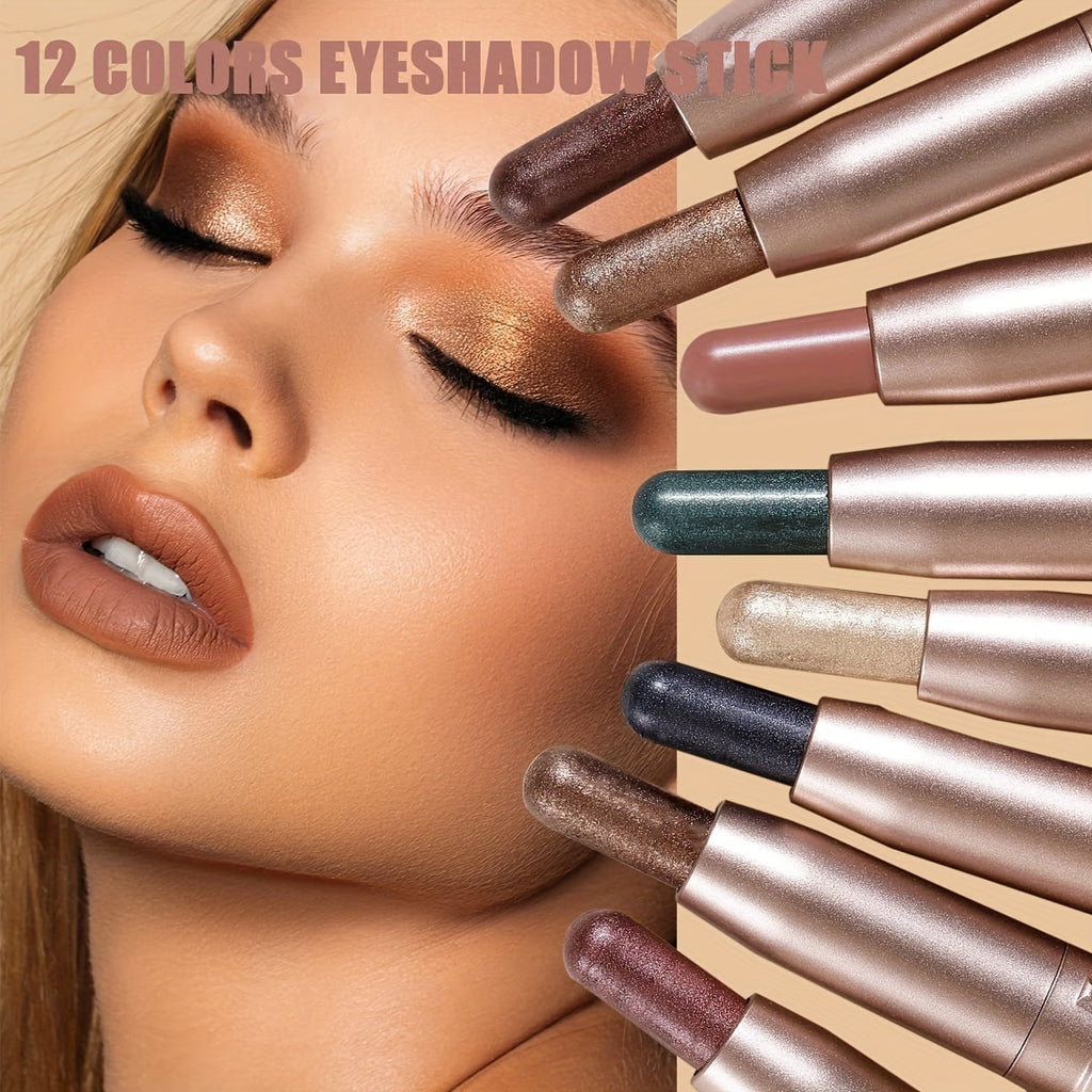 12 Pcs Highlighter Eyeshadow Pen, Matte Creamy Eyeshadow Stick Set With Sponge Brush, Shimmer Metallic Eyeshadow Pencil, Waterproof Long Lasting Eye Brightener Stick, Glitter Multi-Dimensional Eye Makeup For Music Festival