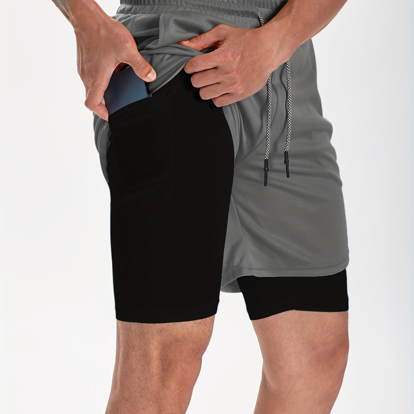 Men's 2 In 1 Workout Running Shorts, Quick Dry Athletic Gym Training Multicolor Shorts With Phone Pockets