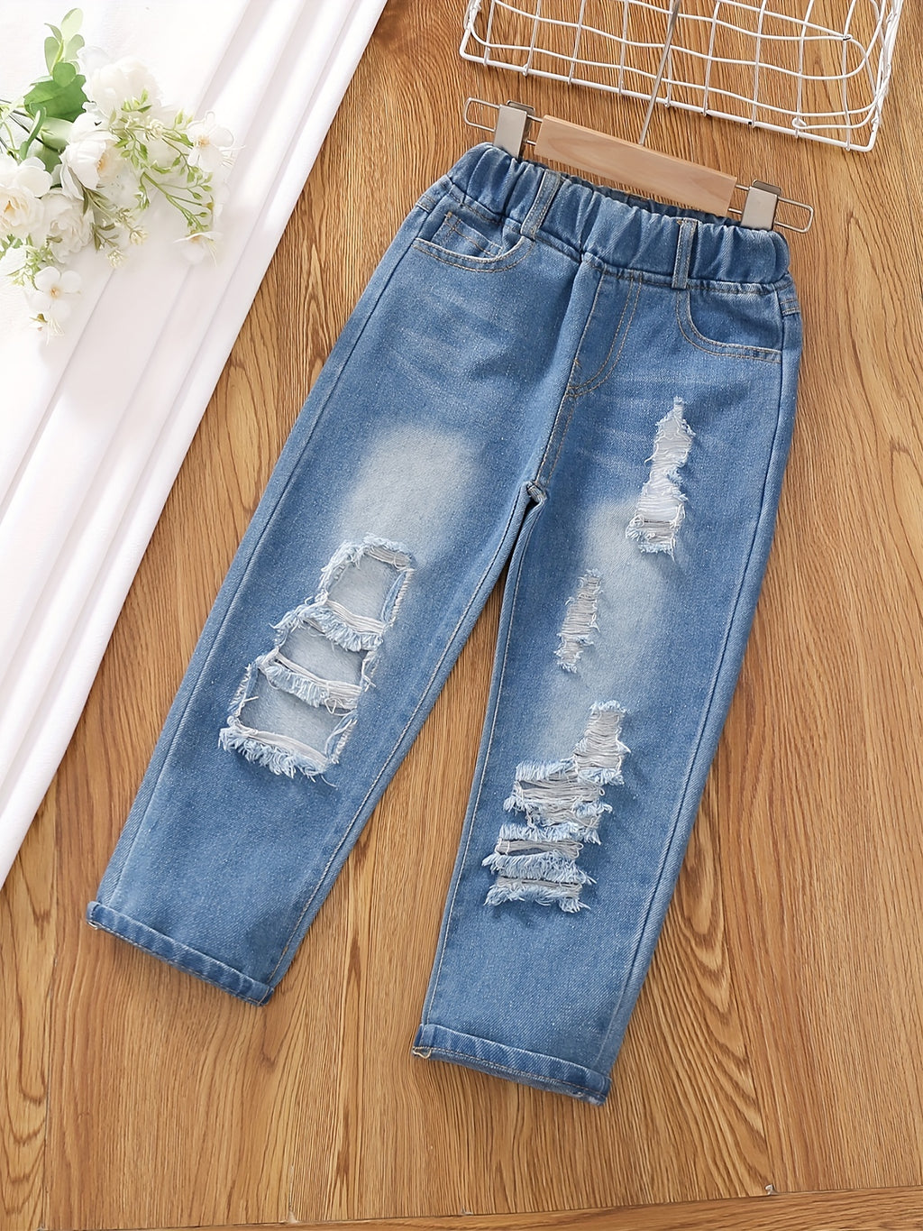 Girls Ripped Tapered Jeans, Cartoon Pattern Elastic Waistband Denim Jeans Kids Clothes