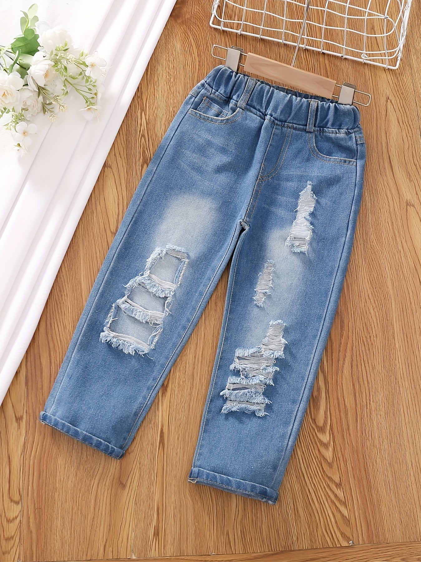 Girls Ripped Tapered Jeans, Cartoon Pattern Elastic Waistband Denim Jeans Kids Clothes