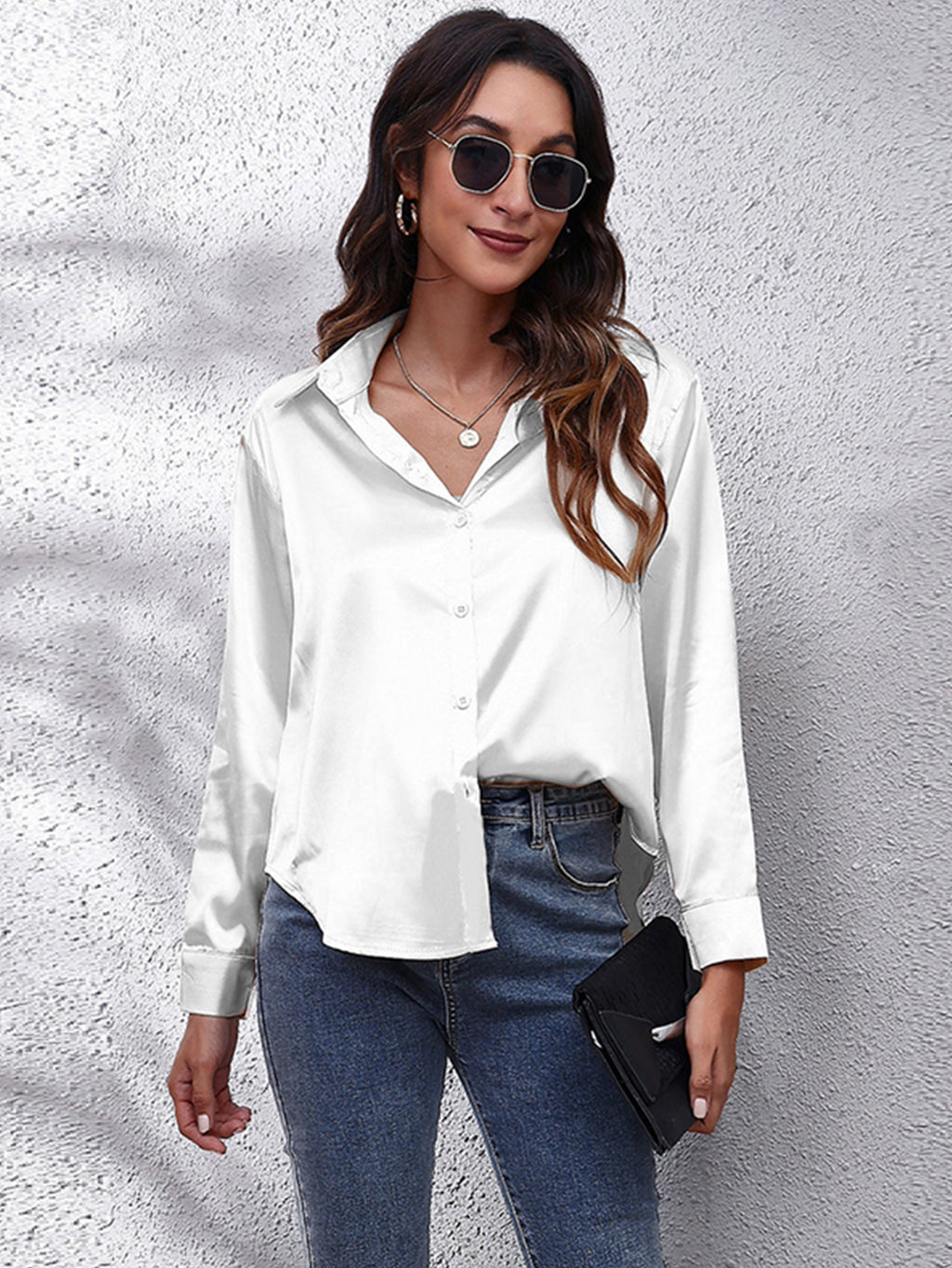 Solid Color Long Sleeve Button Down Tops, Business Casual Blouses For All Seasons, Women's Clothing