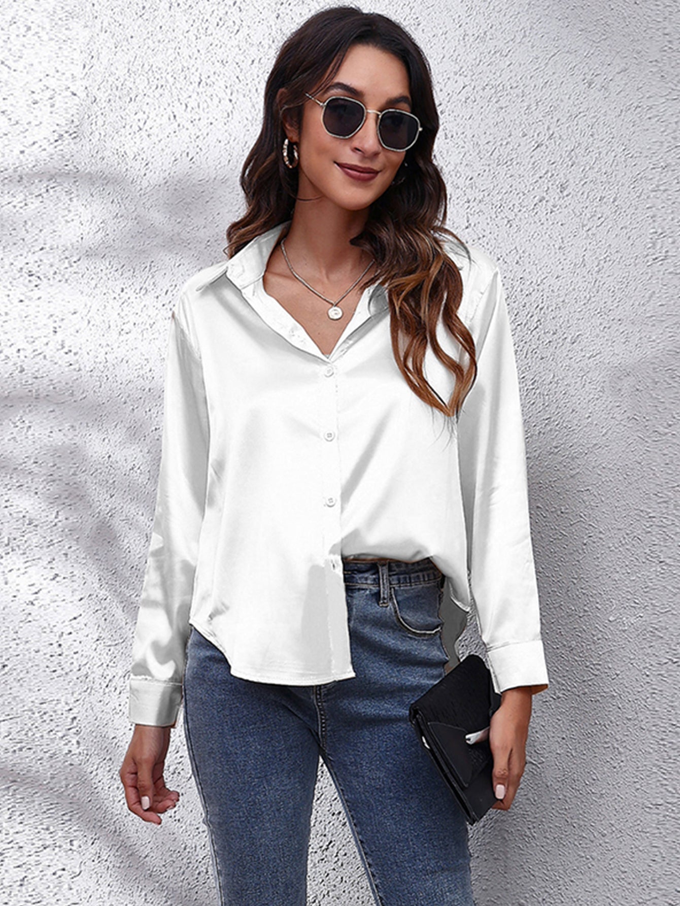 Solid Color Long Sleeve Button Down Tops, Business Casual Blouses For All Seasons, Women's Clothing