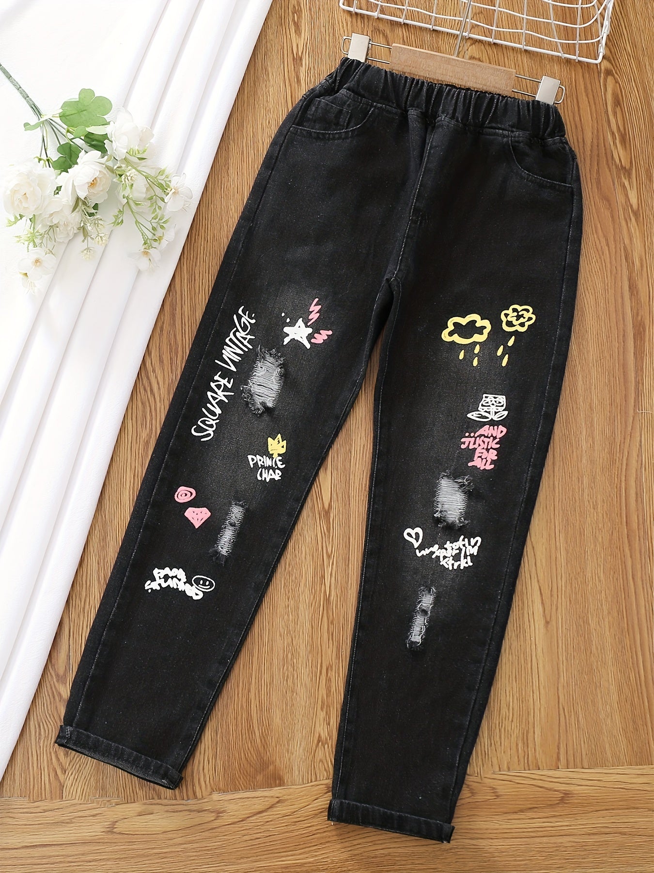 Girls Ripped Tapered Jeans, Cartoon Pattern Elastic Waistband Denim Jeans Kids Clothes