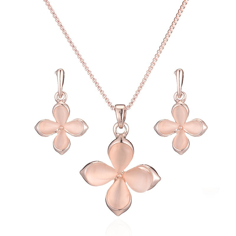Delicate Pink Four Leaf Clover Opal Pendant Necklace & Earrings Jewelry Set Lucky Accessories Gift For Birthday Party St. Patrick's Day Holiday Ornament