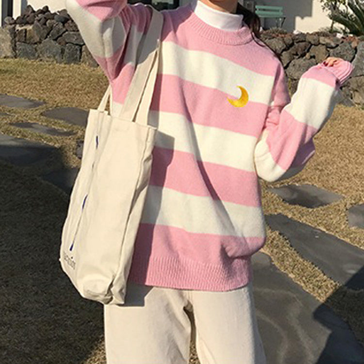 Kawaii Round Neck Striped Pullover Sweater, Casual Every Day Top For Winter & Fall, Women's Clothing