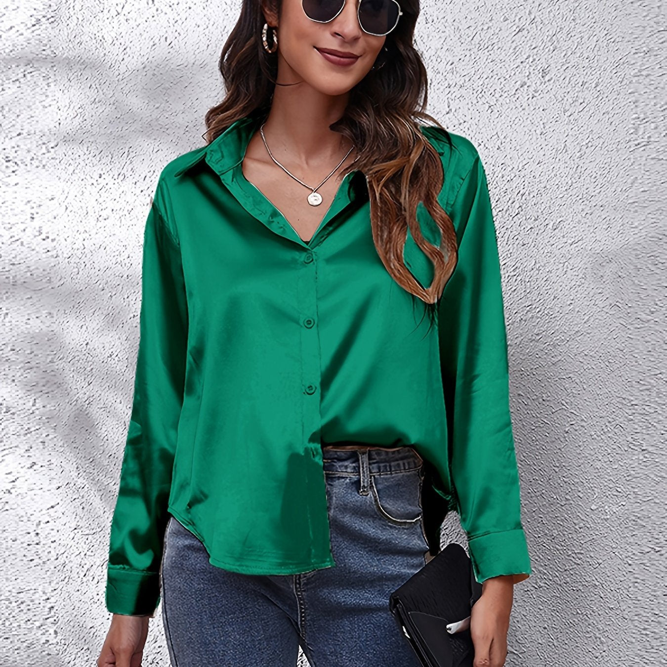 Solid Color Long Sleeve Button Down Tops, Business Casual Blouses For All Seasons, Women's Clothing