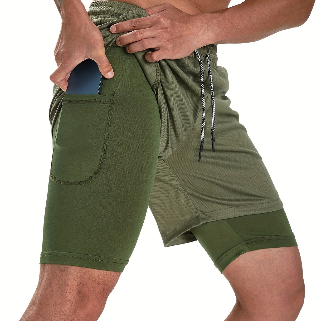 Men's 2 In 1 Workout Running Shorts, Quick Dry Athletic Gym Training Multicolor Shorts With Phone Pockets