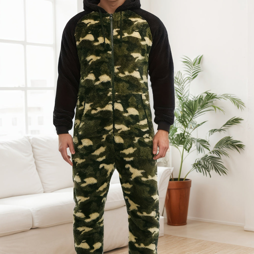 Men'S Heavy-Duty Full-Zip Hooded Onesie - Long Sleeve Winter Sleepwear, Thermal Insulated Lounge suit with Drawstring Hood, Loose Fit Onesie for Cold Weather, Christmas Costume & Everyday Indoor/Outdoor Use - Easy Zipper Clos