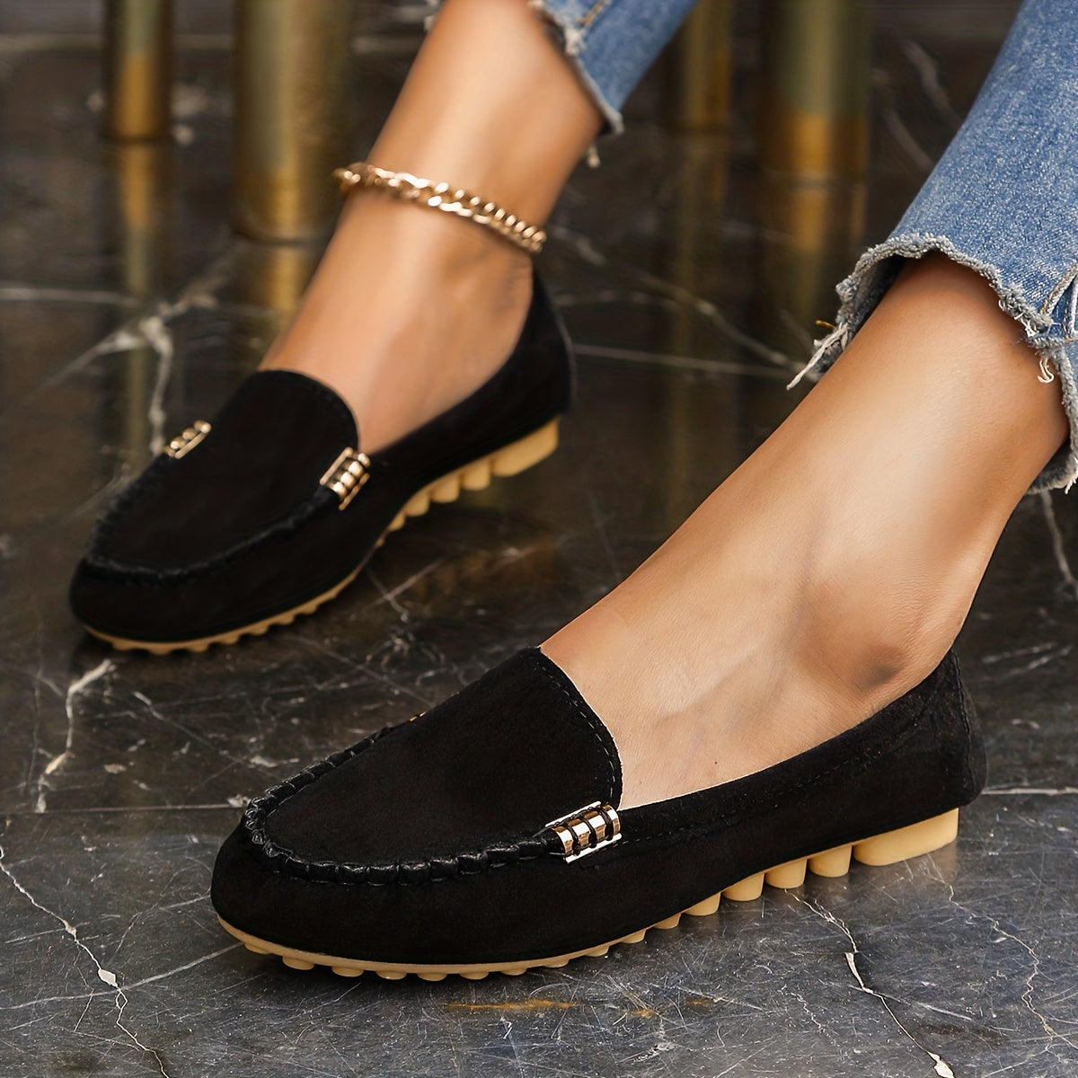 Women's Flat Slip On Loafers, Black Comfortable Non-slip Moccasins Shoes, Casual Walking Shoes