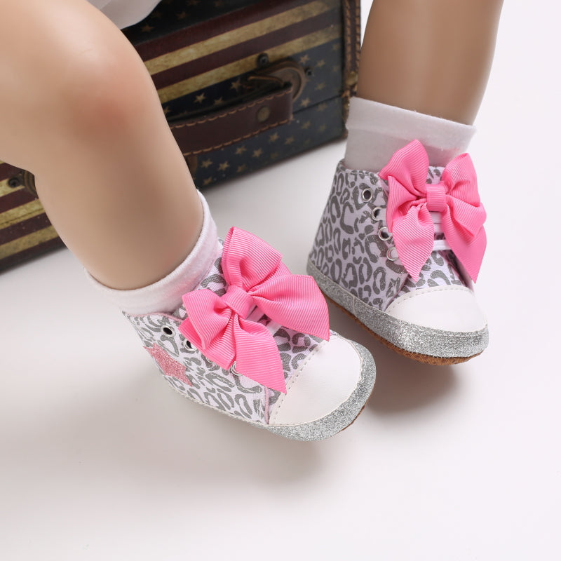 Infant Baby Gils Canvas Shoes, Soft-soled Non-slip High Top First Walker Shoes With Bow Decor