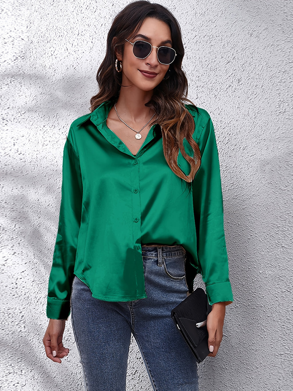 Solid Color Long Sleeve Button Down Tops, Business Casual Blouses For All Seasons, Women's Clothing