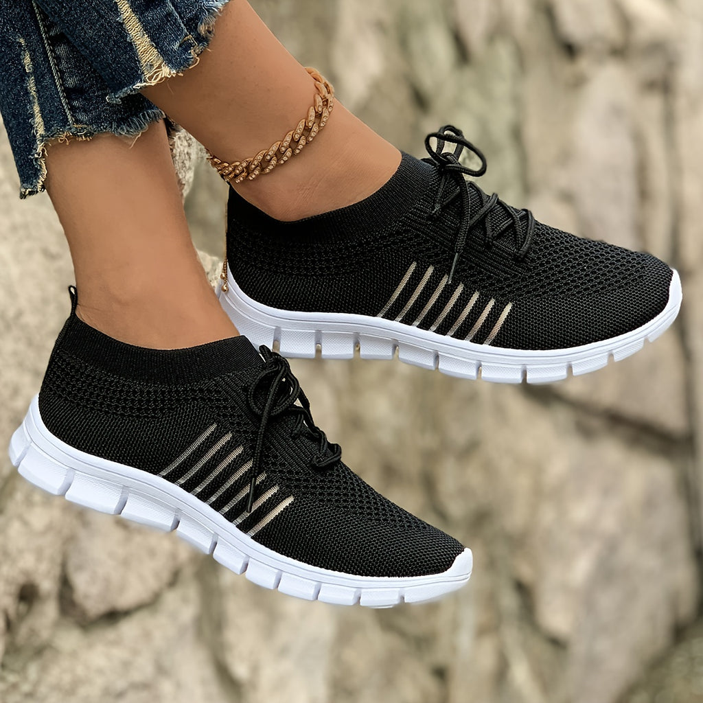 Women's Lightweight Knit Sneakers, Breathable Low-Top Lace-Up Casual Running Footwear, Fabric Upper and PU Cover Sole, Vibrant Color Sneakers, Versatile Running Shoes