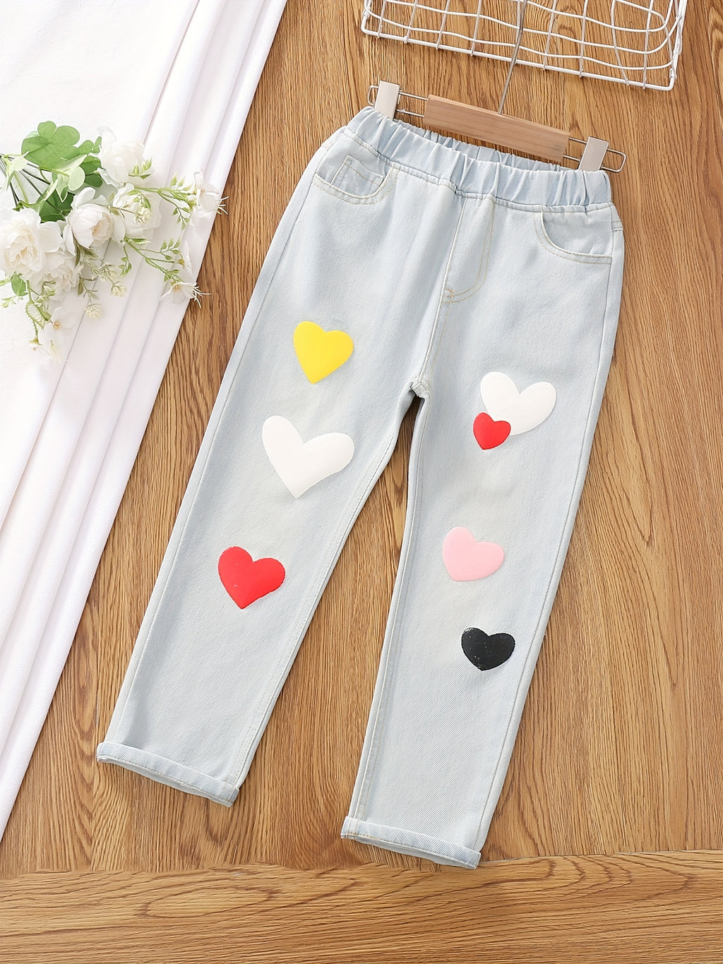 Girls Ripped Tapered Jeans, Cartoon Pattern Elastic Waistband Denim Jeans Kids Clothes
