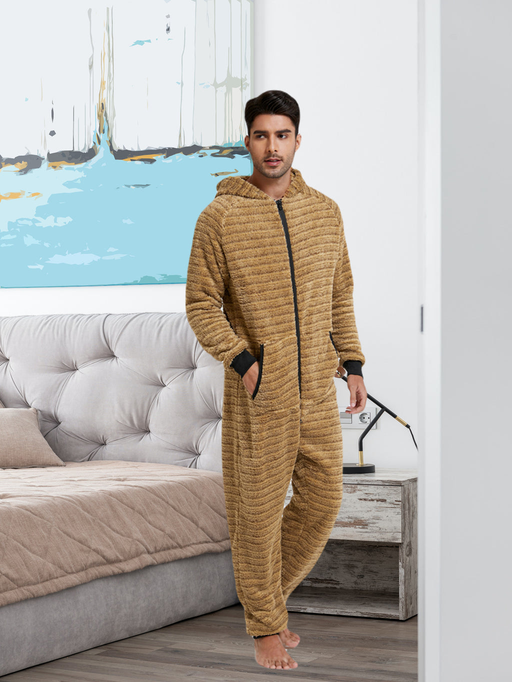 Men'S Heavy-Duty Full-Zip Hooded Onesie - Long Sleeve Winter Sleepwear, Thermal Insulated Lounge suit with Drawstring Hood, Loose Fit Onesie for Cold Weather, Christmas Costume & Everyday Indoor/Outdoor Use - Easy Zipper Clos