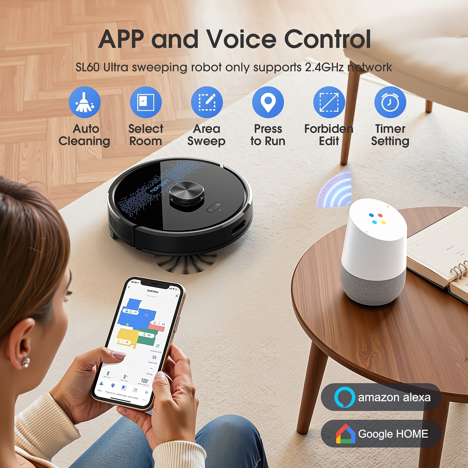 Robot Vacuum Cleaner And Mop Combo 4500Pa, Lubluelu SL60Ultra Robotic Vacuum, 150Mins Max, 56dB, 24 No-Go Zones For Pet Hair Carpets Floor