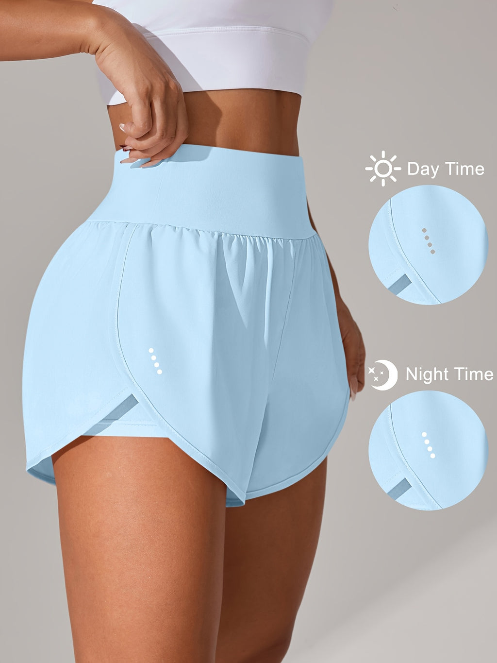 [Yoga Activewear] Women's Light Blue Yoga Shorts - Casual & Loose-Fit, High-Waisted with Ruffle Detail, Stretchy Polyester-Elastane Blend, Machine Washable, Perfect for Spring/Summer/Fall