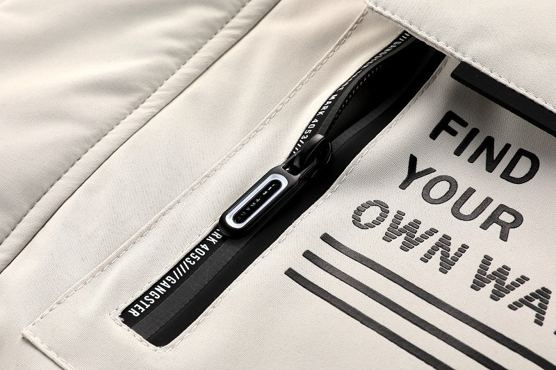 Men'S Winter Windbreaker Jacket with Lamb Fur Collar, Polyester 100% Windproof Zippered Sports Jacket, Alphabet Pattern, Regular Sleeve, Casual Outdoor Wear, H Fit, 150g/m² Fabric Weight