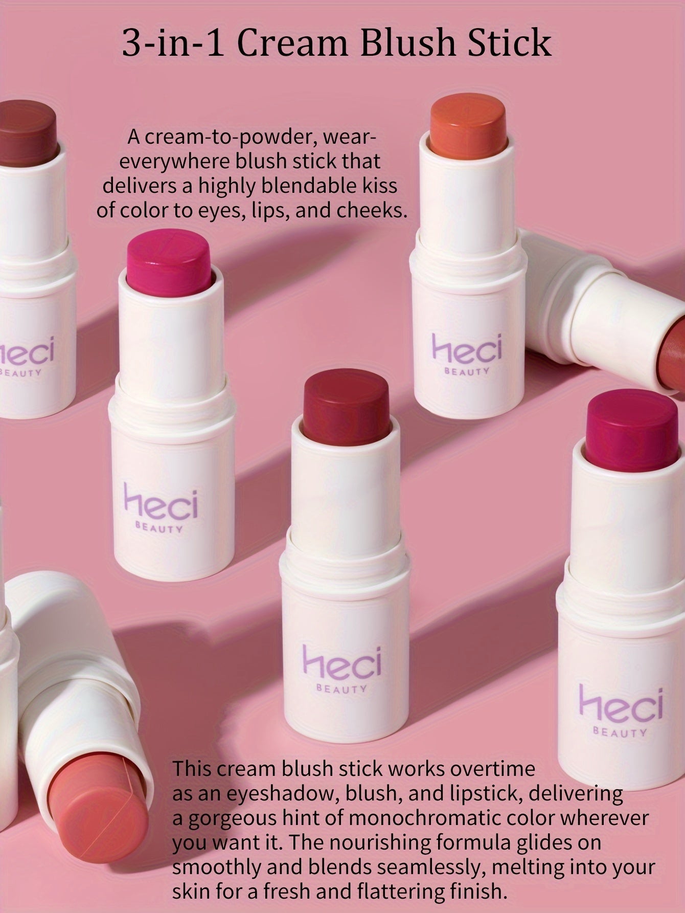 3-in-1 Waterproof Makeup Stick: Blush, Eyeshadow, Lipstick - Lasts All Day, Moisturizes & Brightens in Berry, Coral, Pink