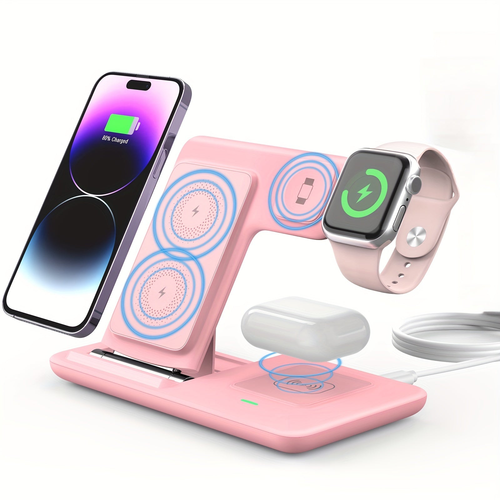 [3-in-1 Charging Station] 3-in-1 Wireless Charging Station for iPhone 15/14/13/12/11/Pro/Max/Mini/Plus, X, XR, XS/Max, SE, 8/Plus, for iWatch 1-9 & for AirPods 3/2/Pro - Magnetic USB Charger with Adjustable Stand, Compact Des