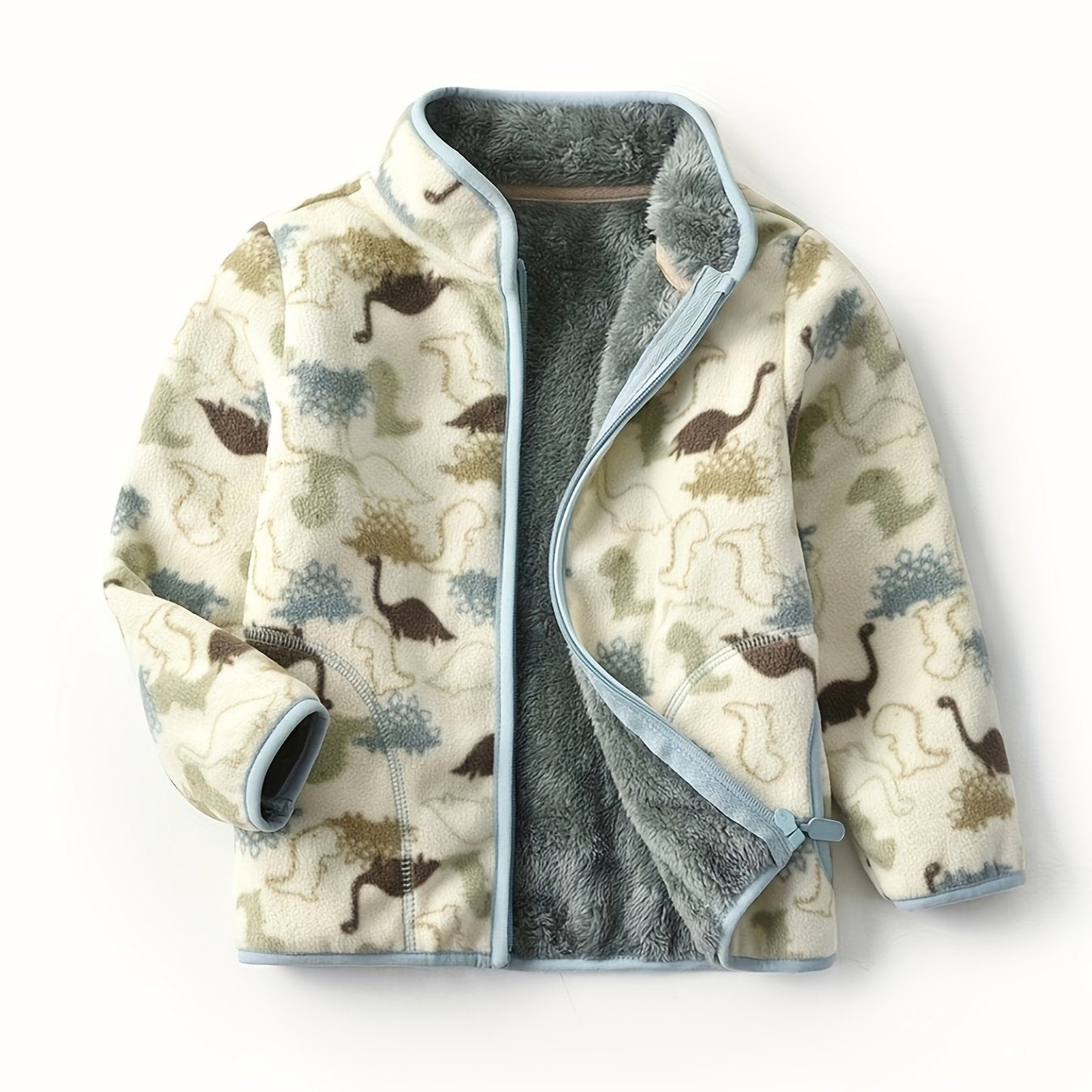 Boys' Cartoon Dinosaur Print Fleece Jacket 2022 Autumn/Winter New Arrival Baby Stand Collar Gray Thickened Plush Coat