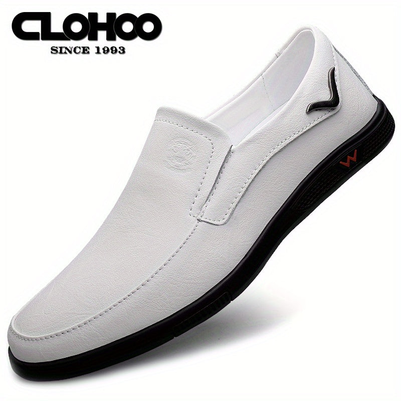 CLOHOO Men's Slip-On/Slip-Resistant Genuine Leather-like (Split Cowhide) Shoes - All-Season Casual & Dressy -like Sneakers with PU, Non-Skid Rubber Sole, Black/Brown for Business, Vacation, Casual Attire (No Laces)