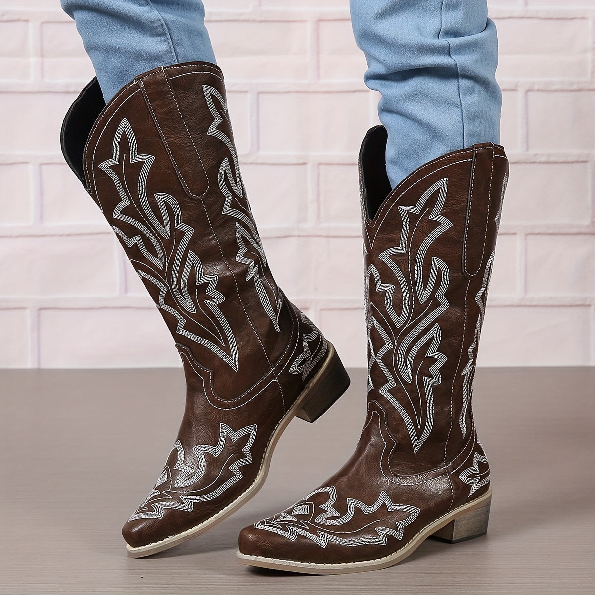 [Retro Cowgirl Boots] Retro Style Women's Western Mid Calf Boots | V-cut Embroidery Cowgirl Boots, Pointed Toe Slip On Shoes