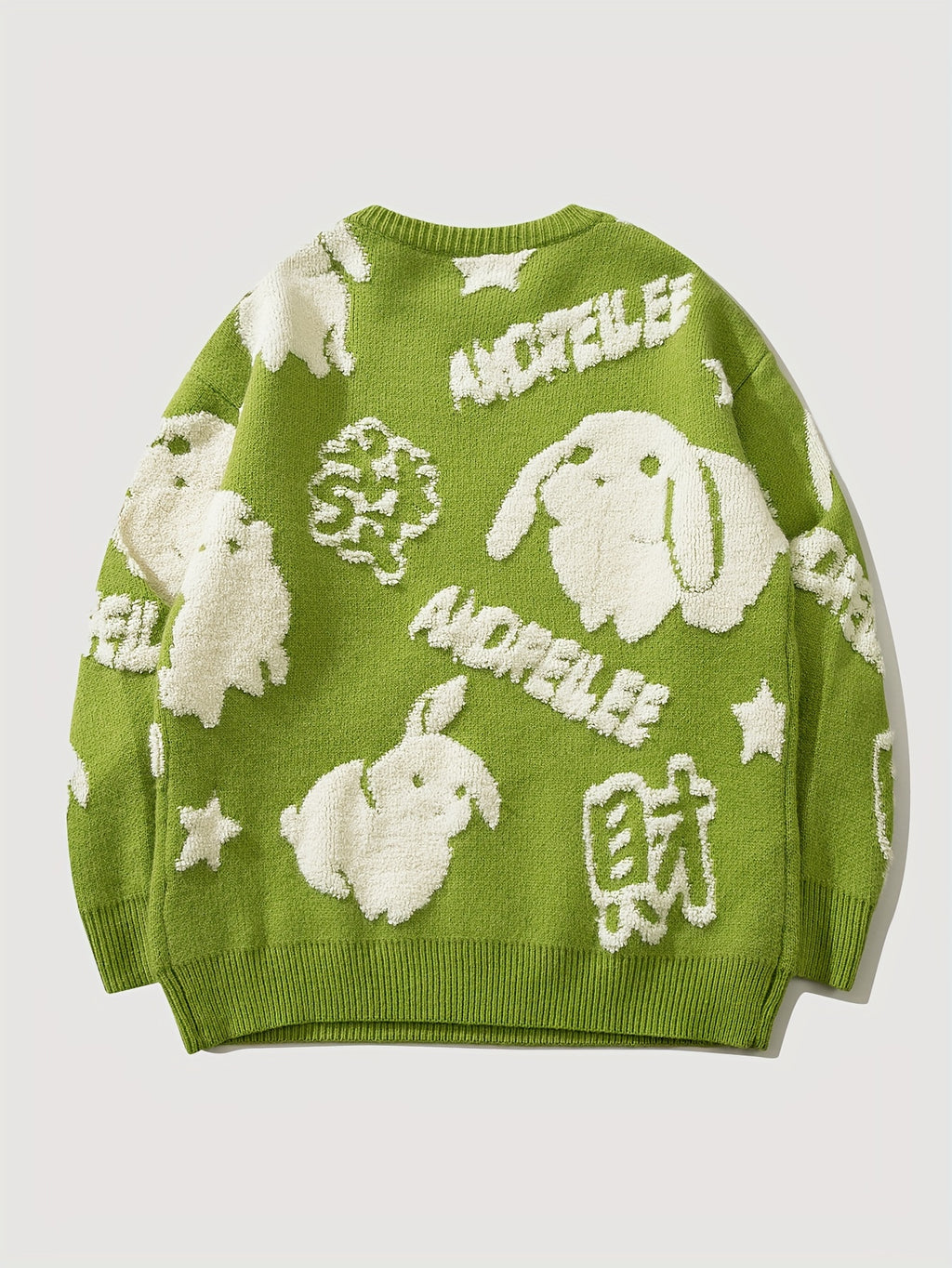 YWFG Cute Knitted Cute Rabbit & Wealth Chenille Embroidery Sweater, Men's Casual Warm Crew Neck Pullover Sweater For Men Fall Winter