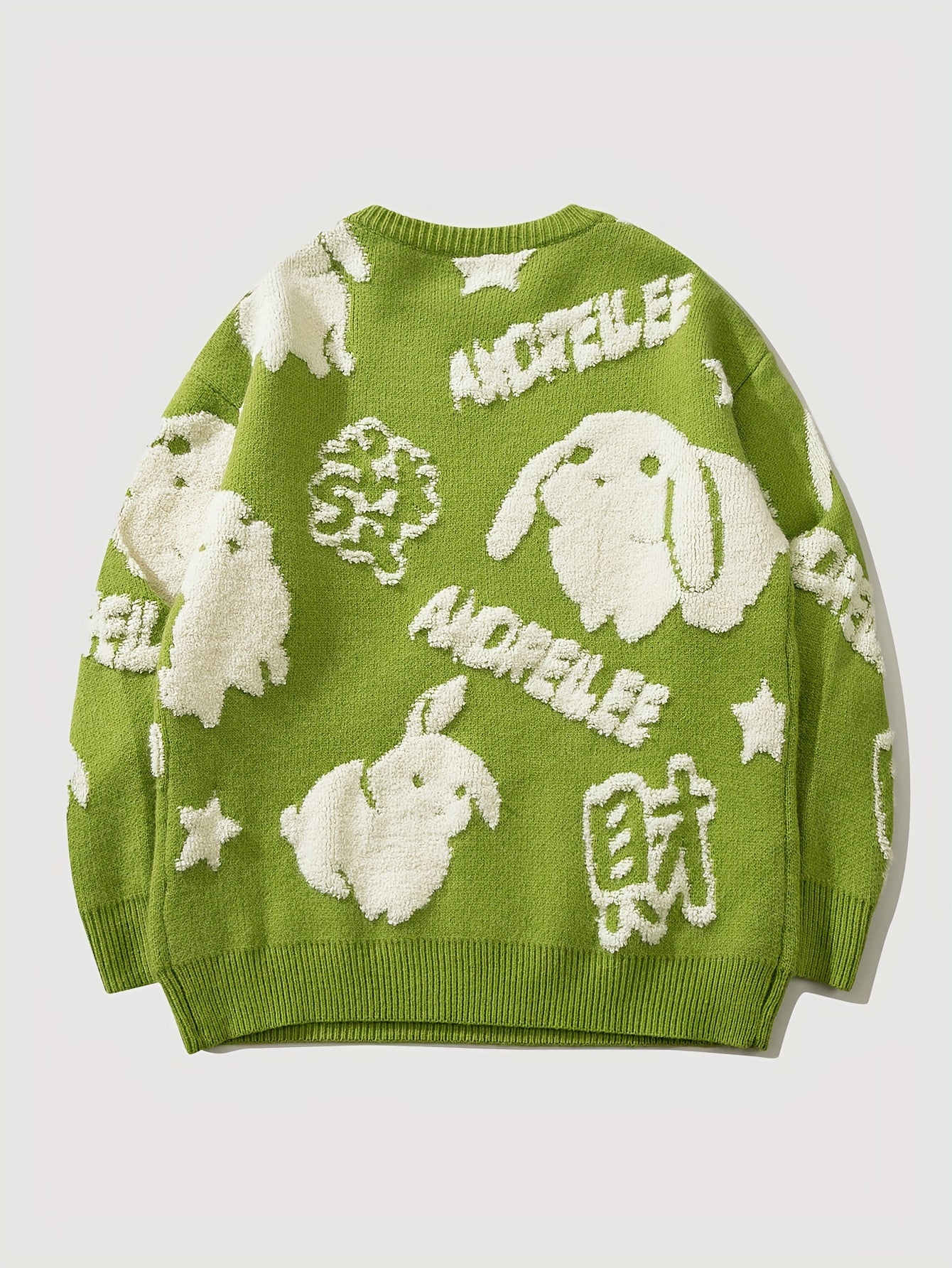 YWFG Cute Knitted Cute Rabbit & Wealth Chenille Embroidery Sweater, Men's Casual Warm Crew Neck Pullover Sweater For Men Fall Winter