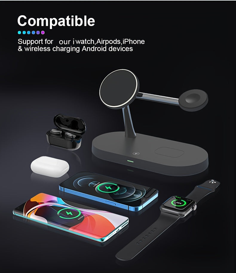 Magnetic 5 In 1 Wireless Charger Stand 3 Devices At The Same Time, 15W Qi Fast Charging Dock Station Holder 3 Adjustable Light Compatible With IPhone 14/13/12 Pro Max Mini, IWatch SE/6/5/4/3/2, AirPods 3/2/Pro