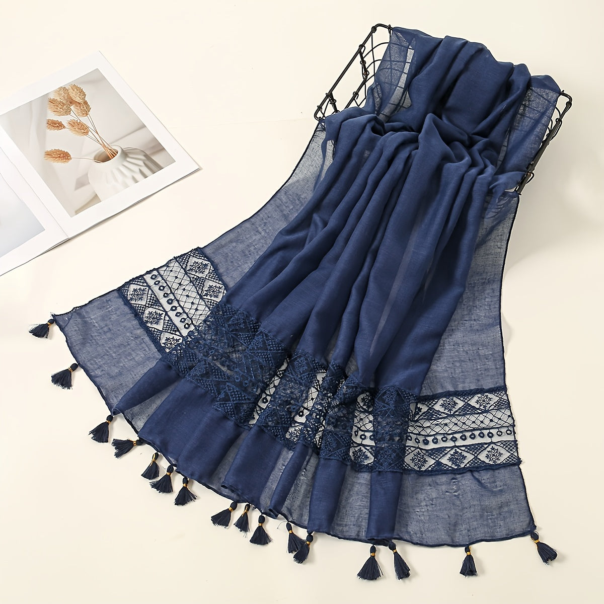 [Elegant Scarf] Elegant Embroidery Hollow Lace Tassel Scarf | Fashion Casual Cold Weather Scarves Wraps For Women for eid