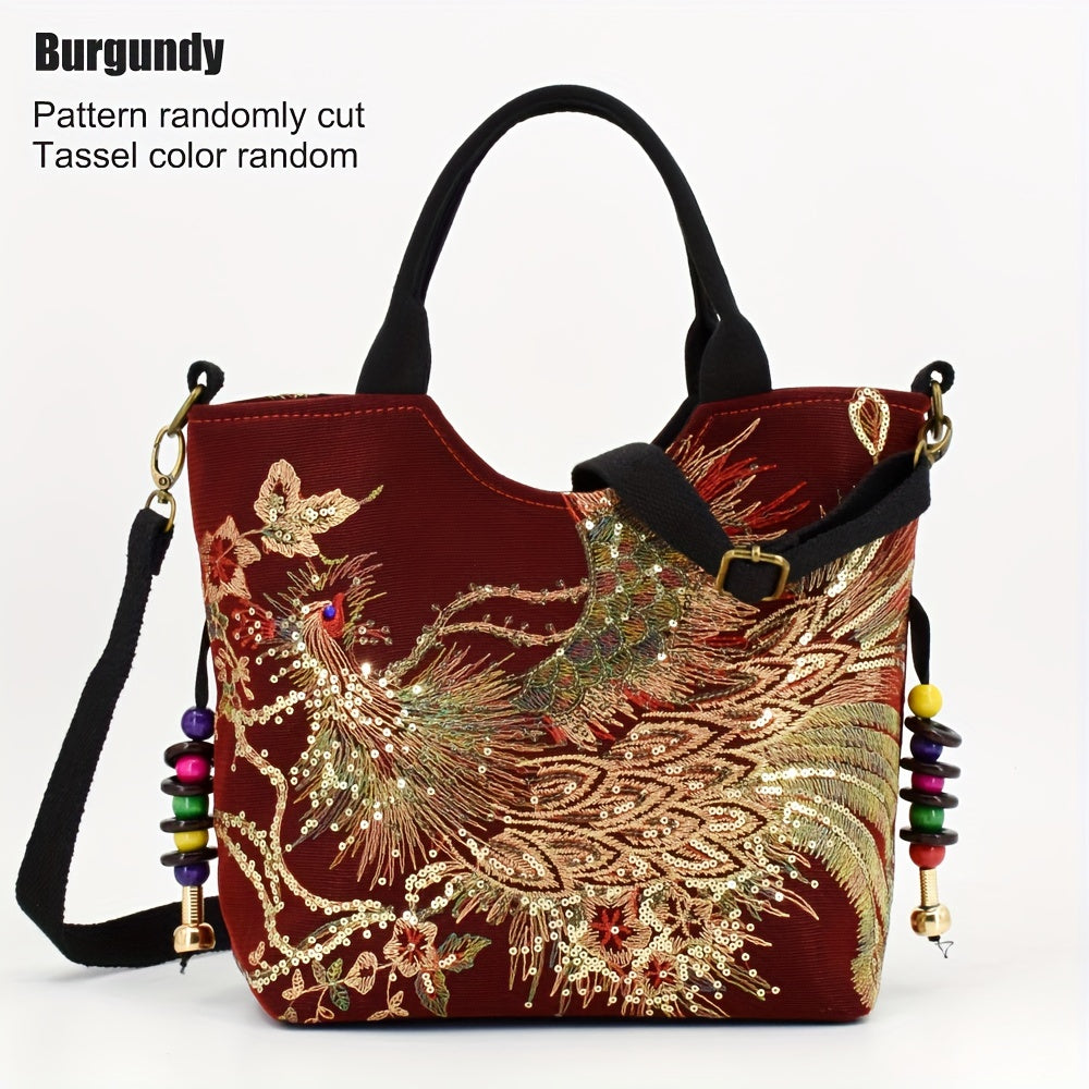 Wo 'S Embroidered Satchel Bag, Fashion Double Handle Purse, Retro Style Handbag with Removable Strap