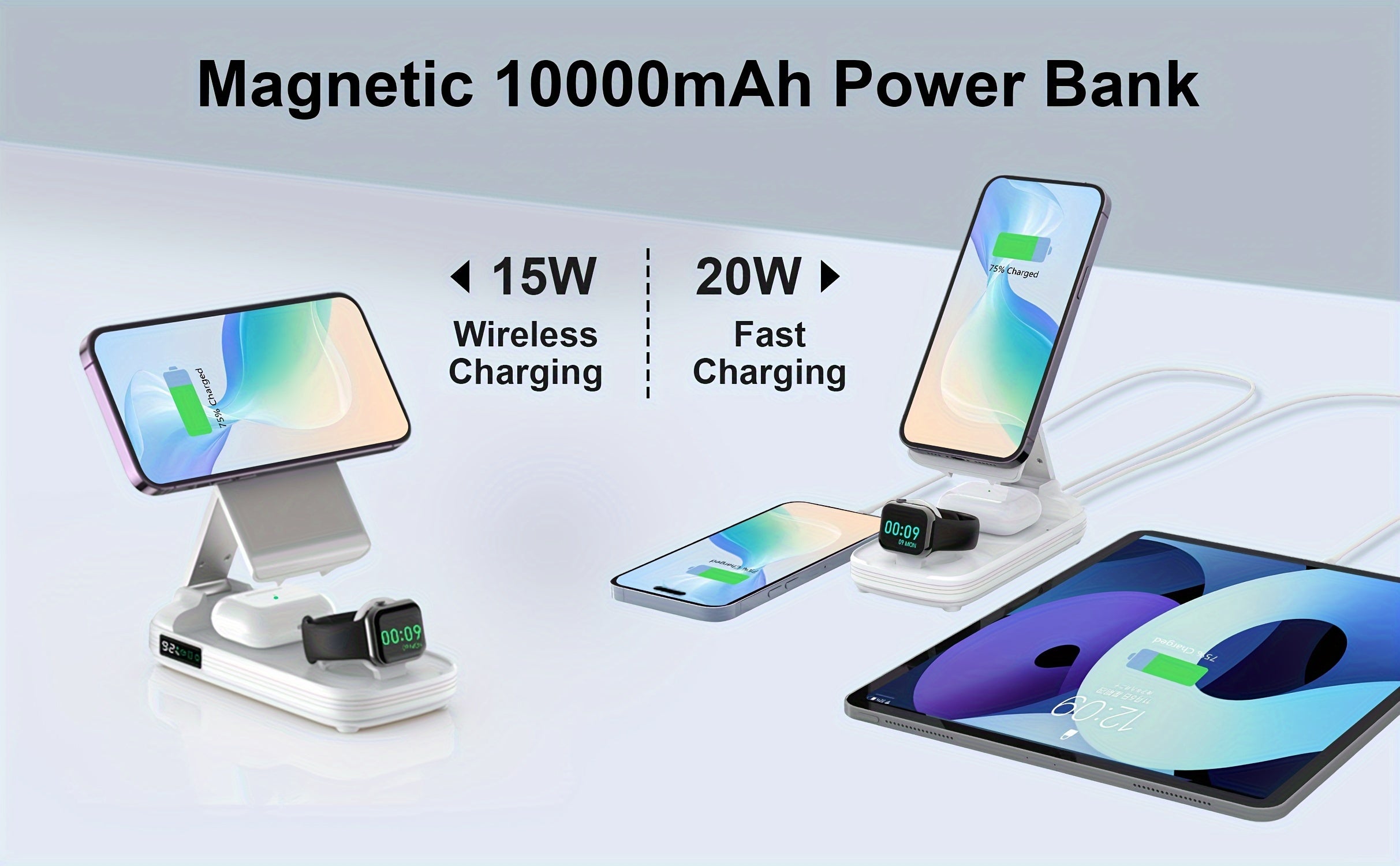 BezosMax 3 in 1 Wireless Charging Station 10000 mAh Power Bank Foldable Phone holder Magnetic Wireless Charger Adjustable angle lightweight Portable Fast charging Digital Power Display for iPhone/ iWatch/Airpods