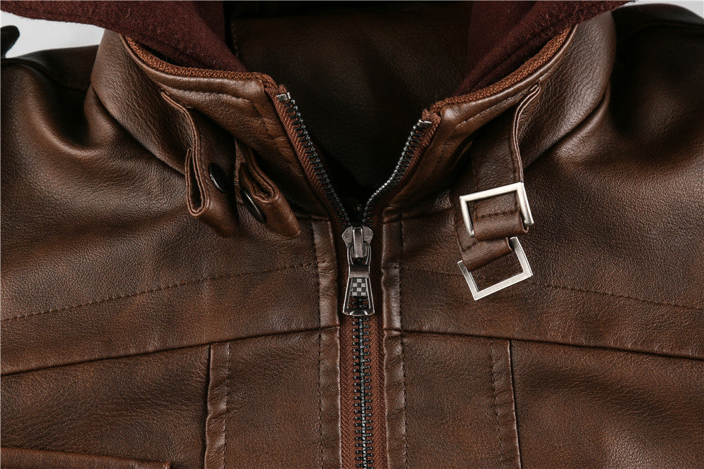 Men's PU Leather Hooded Pockets Zipper Long Sleeves Jackets