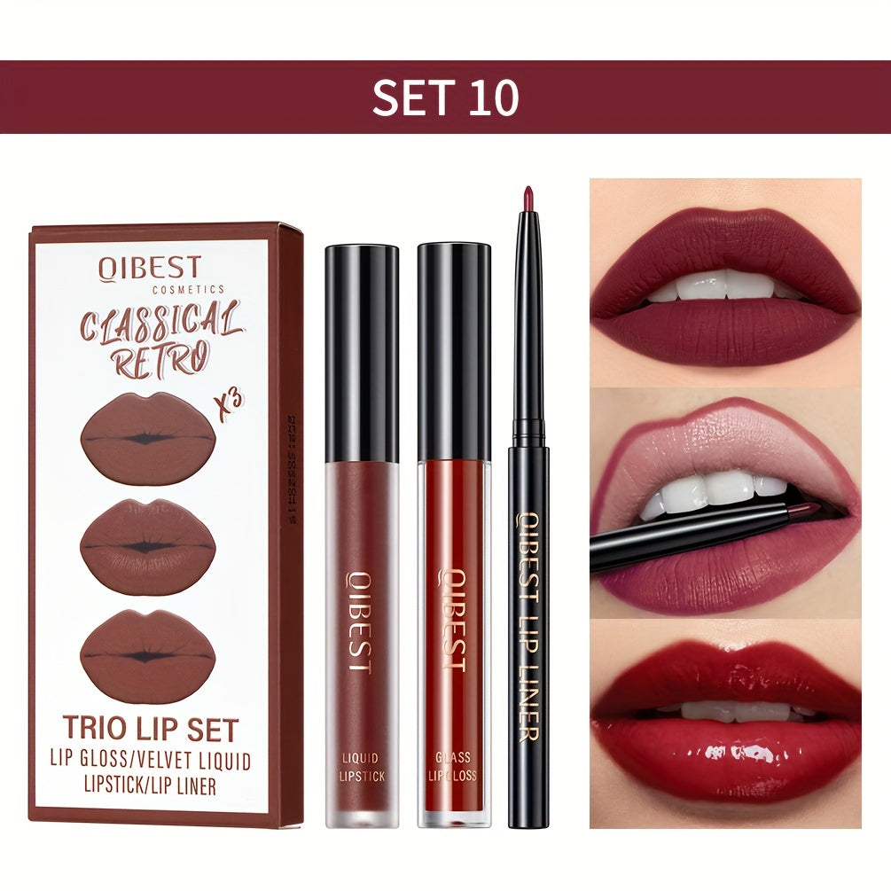 Lip Liner, Lipstick And Lip Gloss Trio Set, Matte Liquid Lipstick + Matching Lip Liner + Lip Gloss Nude Velvety Lipstick Makeup Kit Gift Set, Waterproof Long Lasting, Contains Plant Squalane Formula